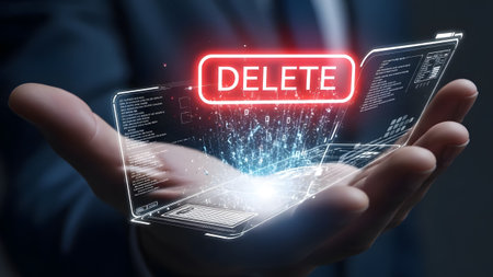 A hand holds a futuristic holographic interface displaying a glowing red delete button. Clear det...