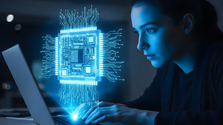 A woman types on a laptop with a bright blue holographic CPU glowing above the keyboard.