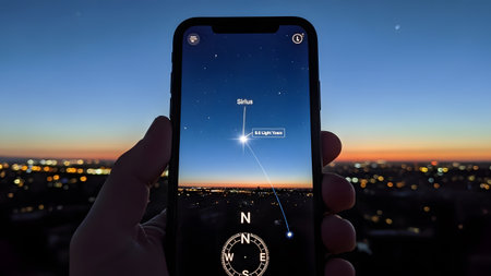 Hand holding smartphone displaying Sirius star and compass over city lights at dusk Clear details...の写真素材