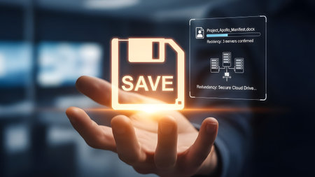 Hand holds glowing save icon and digital interface showing cloud storage and servers Clear detail...
