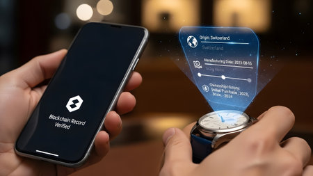 A smartphone shows a verified blockchain record next to a watch displaying a product information...