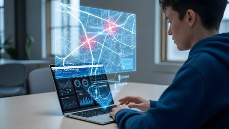 Young person uses laptop with holographic city map and traffic data overlay Clear details and vib...
