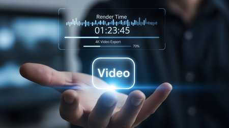 A hand holds a holographic display showing a video export progress bar and timer. Clear details a...