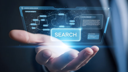 Hand holds holographic semantic search engine interface with a complex flowchart Clear details an...