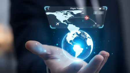 Hand holding a glowing holographic interface showing a flight tracker with a globe Clear details ...