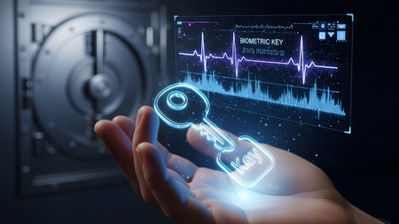 Hand holds glowing holographic key with biometric data screen and vault background Clear details ...