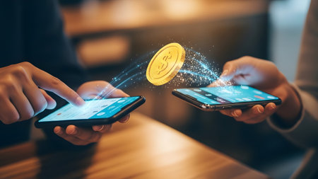 Animation. showing two hands holding smartphones transferring money with digital coin animation...