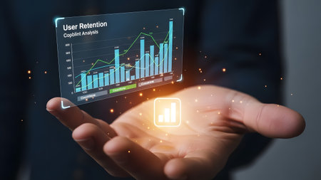 Hand holds glowing holographic user retention graph with data points and statistics. Clear detail...