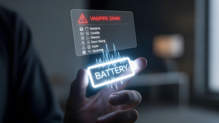 Hand displays holographic warning for vampire drain with battery icon. Clear details and vibrant ...の写真素材