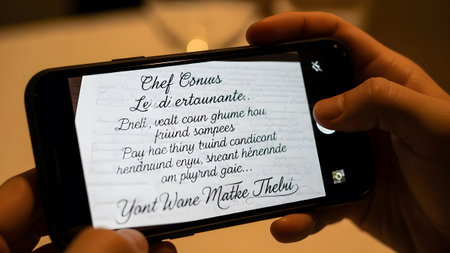 Smartphone held horizontally captures a handwritten note with stylized text and a signature.