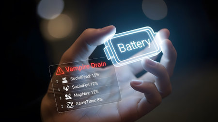 Hand holds holographic warning of vampire battery drain with app usage percentages and icons.