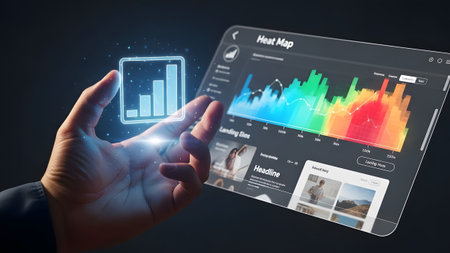 Hand displays holographic heat map and landing page data with glowing effect. Clear details and v...