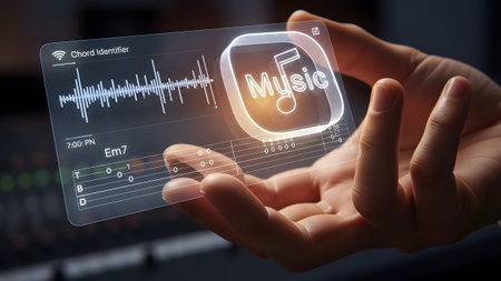Hand holding a glowing music icon and a holographic screen showing chord identification.