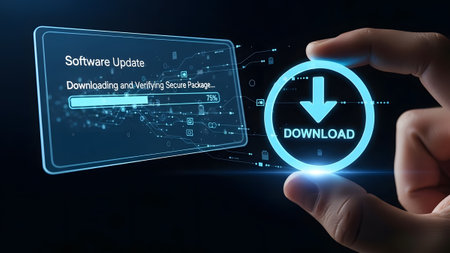 Finger touching a glowing download button next to a software update progress bar on a screen.