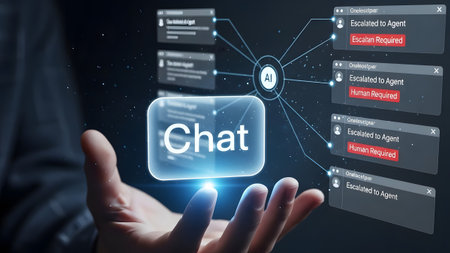 Hand interacting with AI chat interface showing escalated messages and agent required. Clear deta...