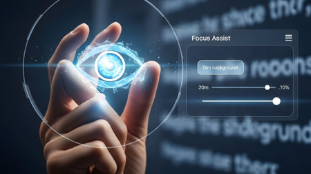Close-up of eye icon with focus assist interface and blurred text background Clear details and vi...