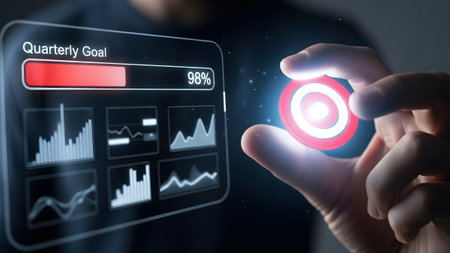 Hand holds glowing target near futuristic screen showing quarterly goal progress. Clear details a...
