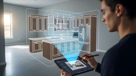 Architect uses tablet with stylus to design kitchen interior in augmented reality. Clear details ...