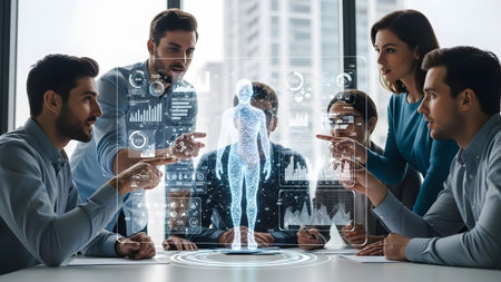 Diverse team collaborates around a holographic human body and data displays in an office.