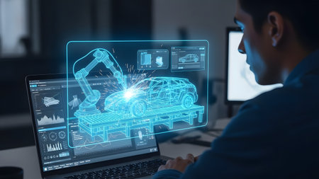 Engineer designs car assembly with a robot arm hologram on a laptop screen. Clear details and vib...