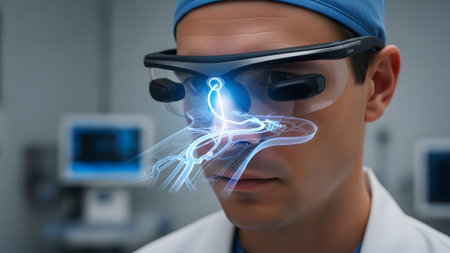 Close-up of a doctor wearing AR glasses with a holographic brain vein overlay. Clear details and ...の写真素材