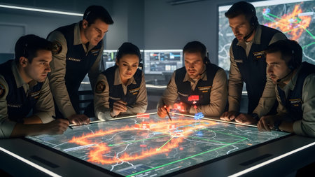 Emergency response team strategizing on a digital tactical map with fire and alerts Clear details...