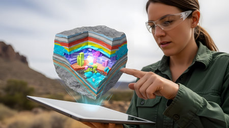Woman uses tablet to interact with holographic geological strata data in an outdoor setting.