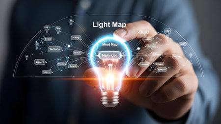 A hand points to a glowing lightbulb surrounded by a digital mind map of ideas. Clear details and...