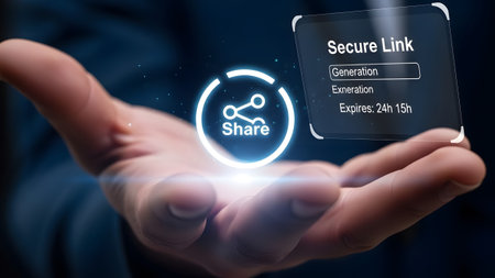 Hand shows glowing share icon and secure link generation with an expiration time. Clear details a...