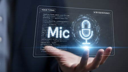 Hand holding a transparent screen with a microphone icon and voice typing text Clear details and ...