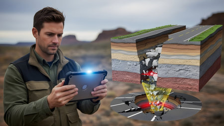 Man holding tablet showing holographic sinkhole and damaged road layers Clear details and vibrant...