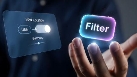 Hand holds glowing filter icon near a digital interface for VPN location selection. Clear details...