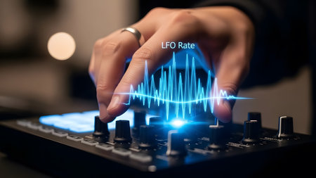 A hand adjusts a knob on a music controller, displaying an LFO Rate waveform in blue. Clear detai...