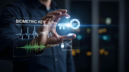Hand holding glowing biometric key with vault and heartbeat waveform interface. Clear details and...