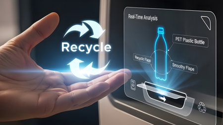 Hand reaches for display showing PET plastic bottle recycling process with animated arrows.