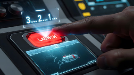 Finger presses a red launch button with a holographic countdown and underwater submersible.
