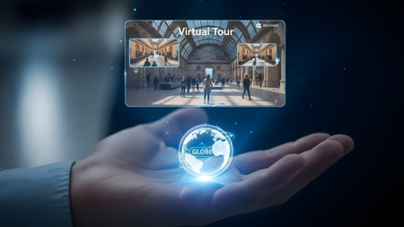 Hand holds globe with virtual tour interface displaying museum interior with visitors. Clear deta...
