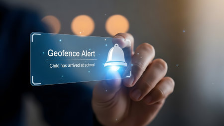 A hand holds a holographic display showing a geofence alert notification that a child has...