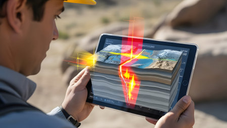 Geologist uses tablet displaying 3D geological cross-section with seismic data visualization