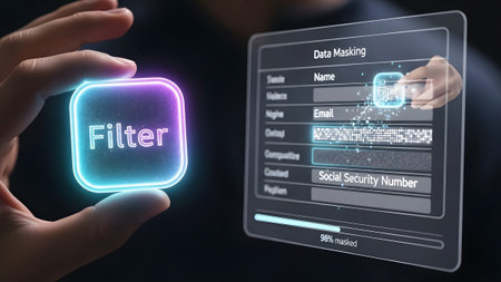 Hand holds glowing filter icon near a digital interface showing data masking. Clear details and v...