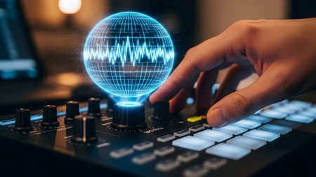 Hand adjusting a DJ controller with a glowing blue holographic sound wave. Clear details and vibr...