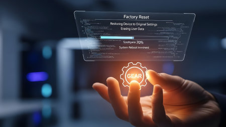 A hand shows a factory reset process with a gear and data erasure hologram. Clear details and vib...