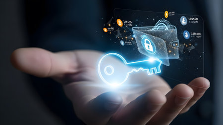 Hand holds digital key and cryptocurrency wallet with Bitcoin and Litecoin icons Clear details an...の写真素材