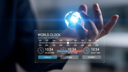Hand holds glowing globe with world clock meeting planner hologram showing times in different...