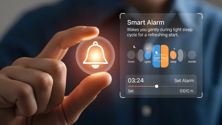 Finger touches holographic smart alarm bell icon and sleep cycle interface. Clear details and vib...