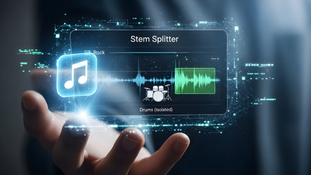Hand holding a holographic interface displaying audio waveforms and stem splitting options.