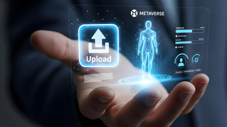 Hand displays a holographic interface with an upload button and a human avatar.の写真素材