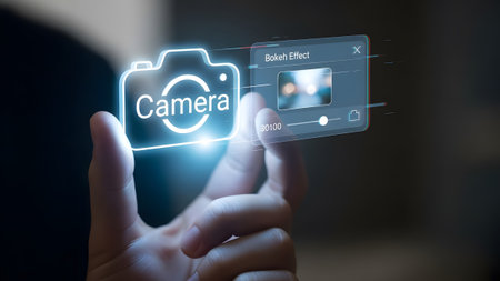 Hand holding a glowing camera icon and a digital interface for editing bokeh effects. Clear detai...の写真素材