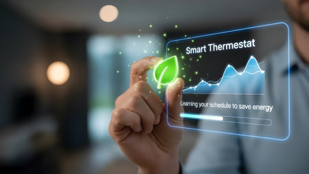 Hand touches holographic smart thermostat interface with leaf icon and energy graph. Clear detail...