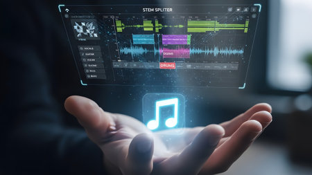 A hand holds a transparent futuristic interface for music stem splitting and audio editing.の写真素材
